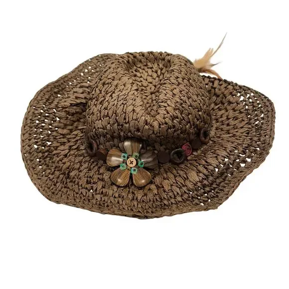 Tropical Trends Women’s Straw Hat Brown Flower Trim One Size Summer Wide Brim - Picture 1 of 8